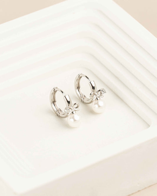 Ribbon Pearl White Gold Hoop Earrings