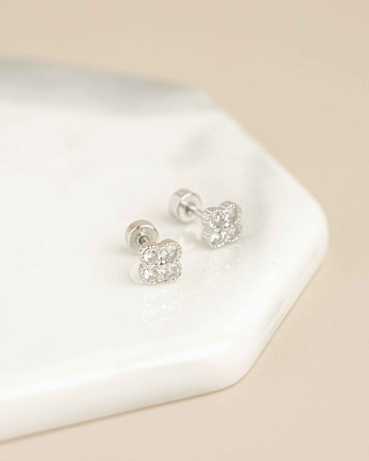 Clover White Gold Zirconia Screw Back Earrings