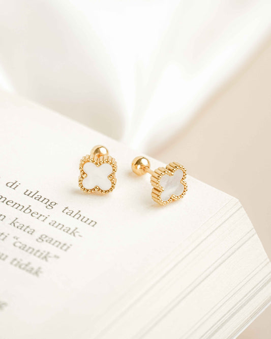 Clover White Gold Screw Back Earrings