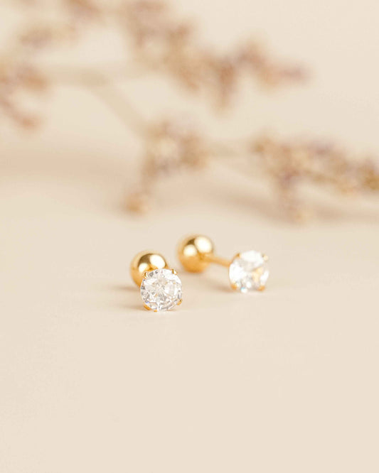 Round Gold Zirconia Screw Back Earrings