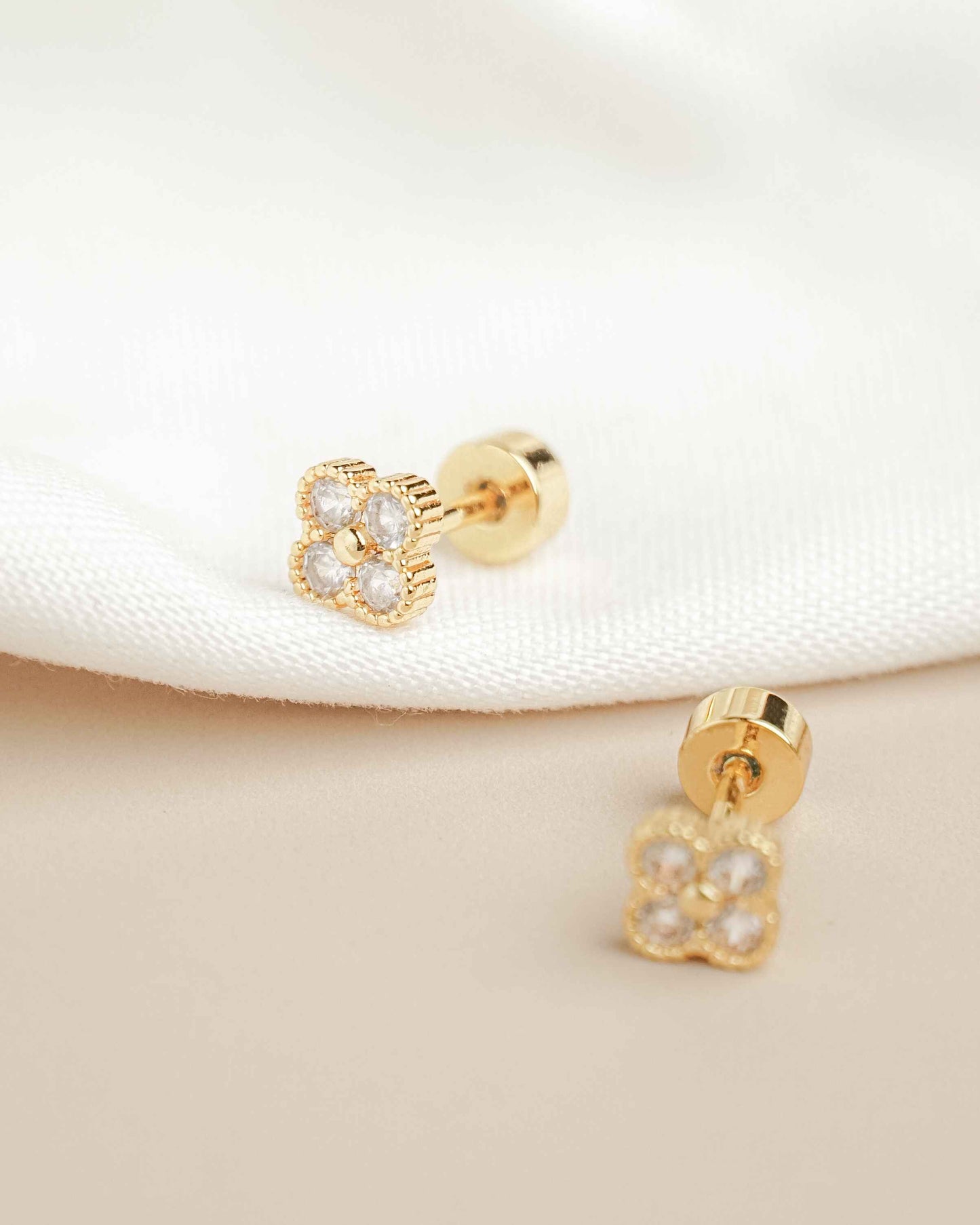Clover Gold Zirconia Screw Back Earrings