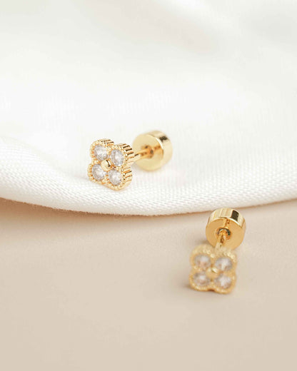Clover Gold Zirconia Screw Back Earrings