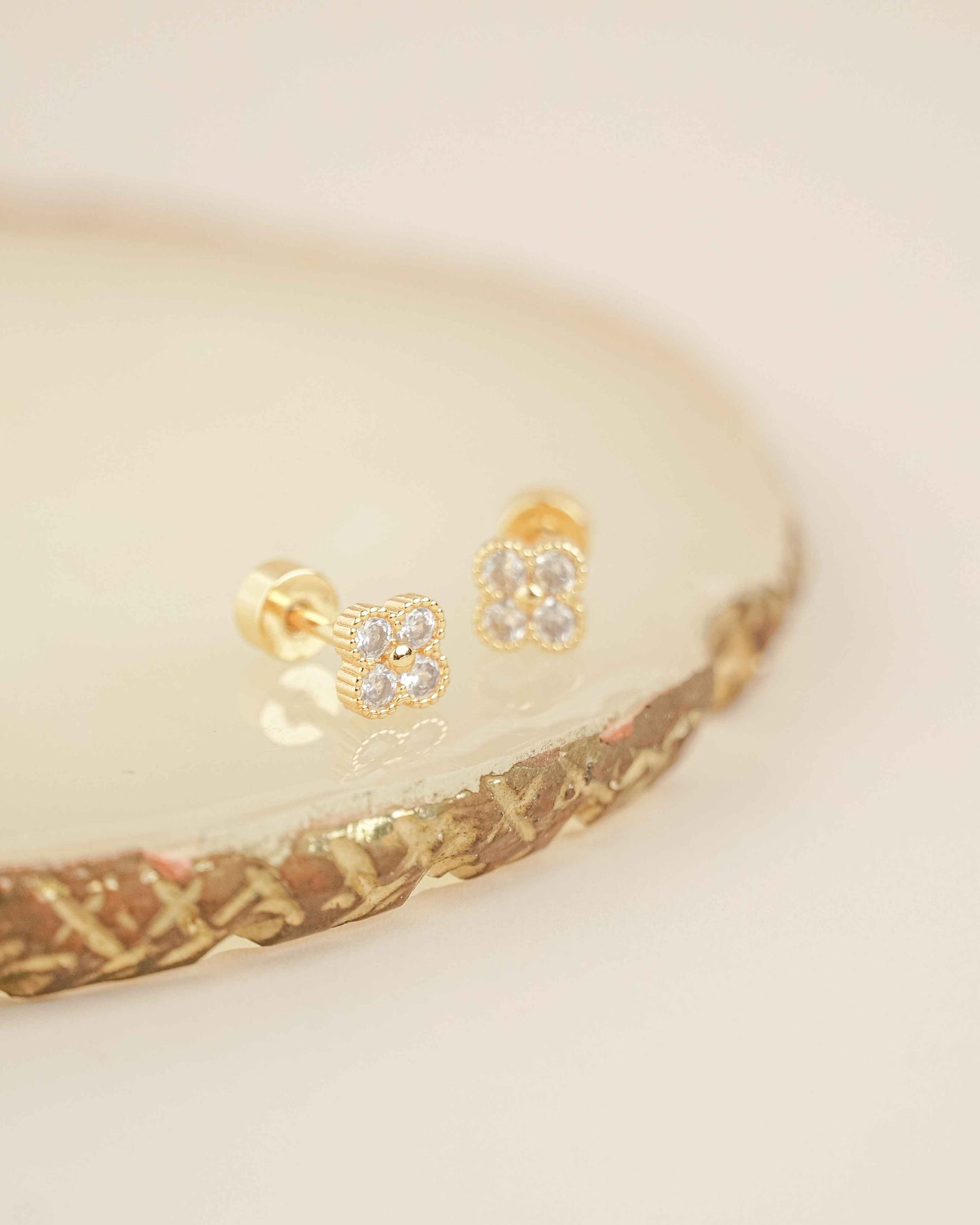Clover Gold Zirconia Screw Back Earrings