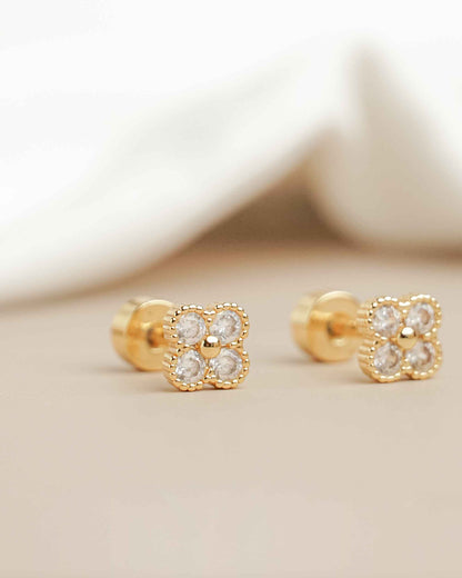 Clover Gold Zirconia Screw Back Earrings
