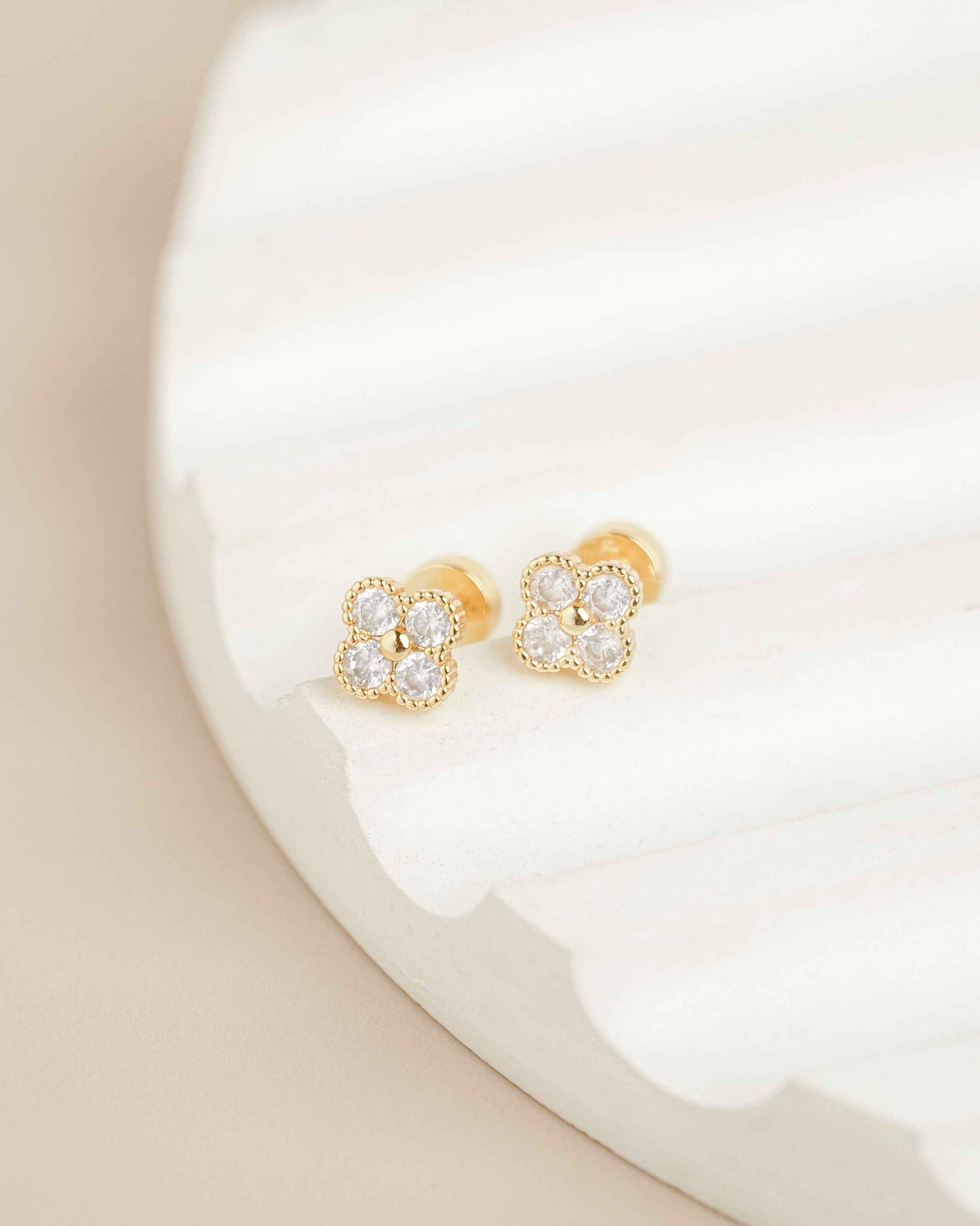 Clover Gold Zirconia Screw Back Earrings