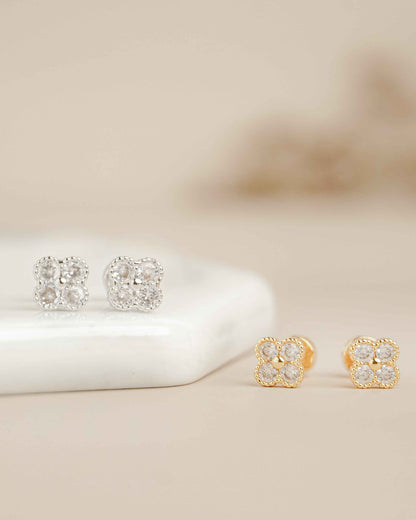 Clover Gold Zirconia Screw Back Earrings