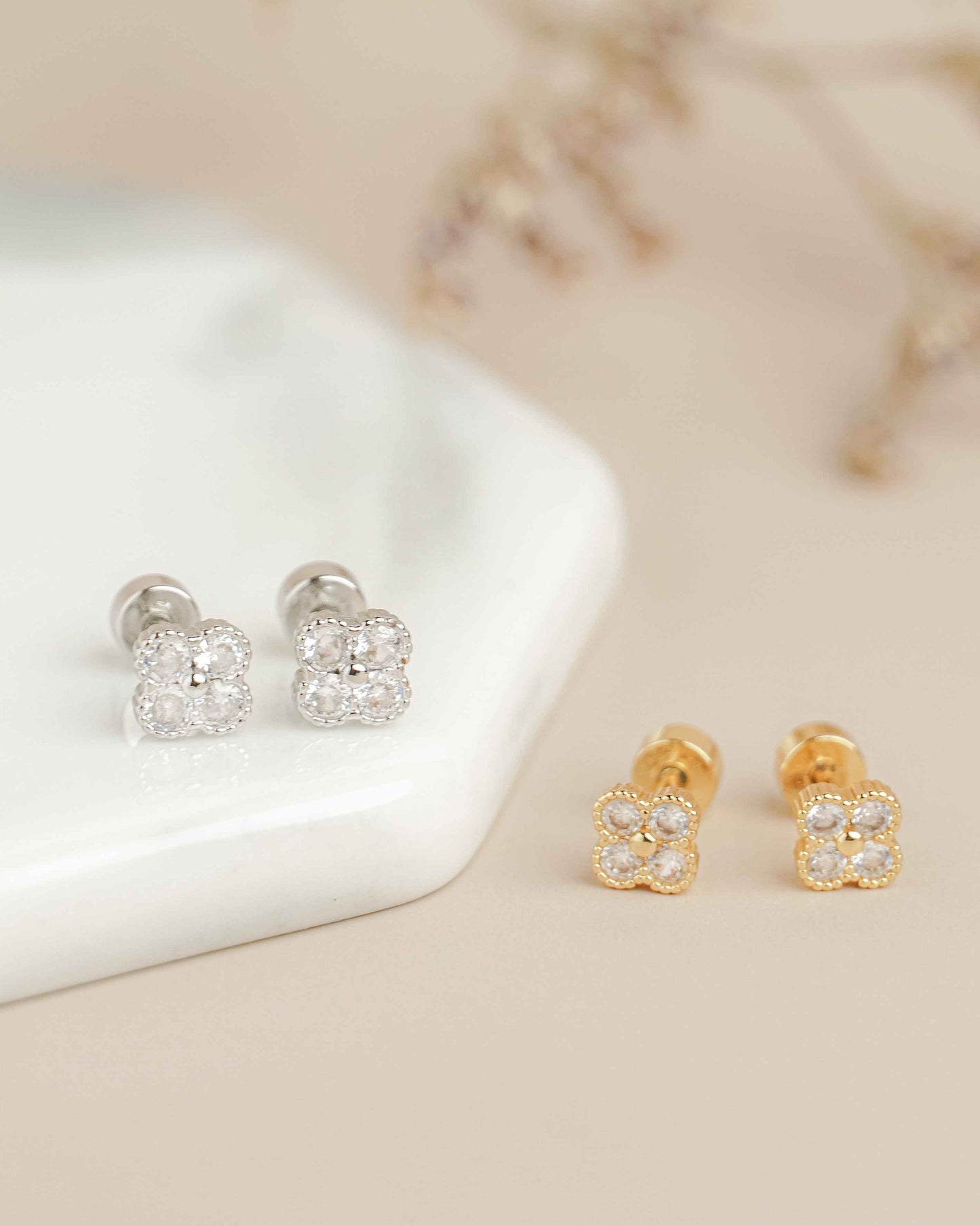 Clover Gold Zirconia Screw Back Earrings