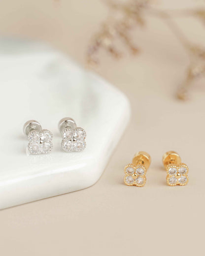 Clover Gold Zirconia Screw Back Earrings